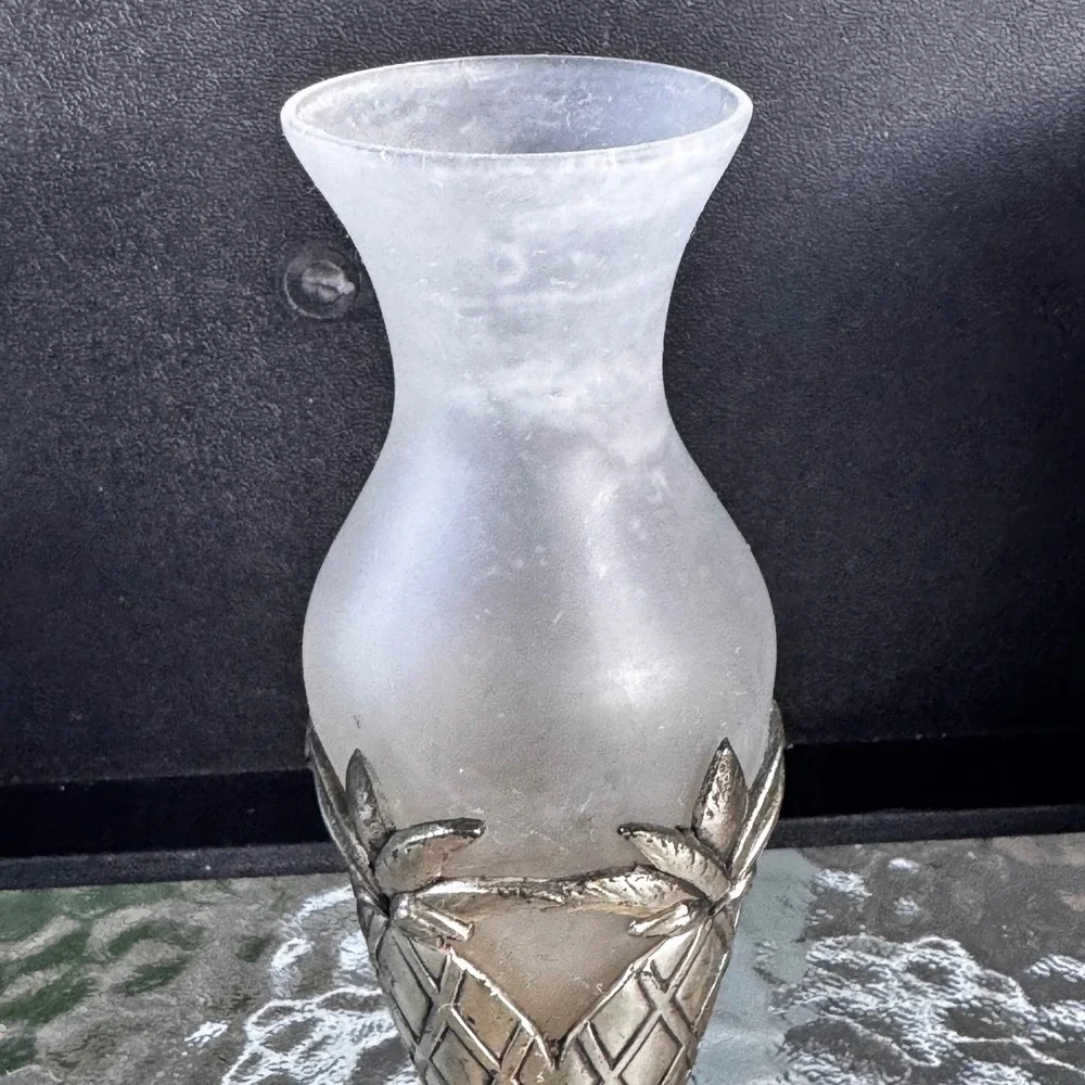 Vintage Silverplate Pineapple Bud‎ Vase Frosted Glass Made in Japan